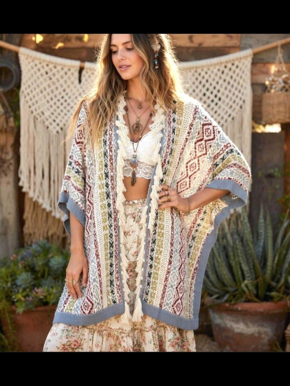 CAbi Cream, Blue and Rust Patterned Knit Kimono Sweater
